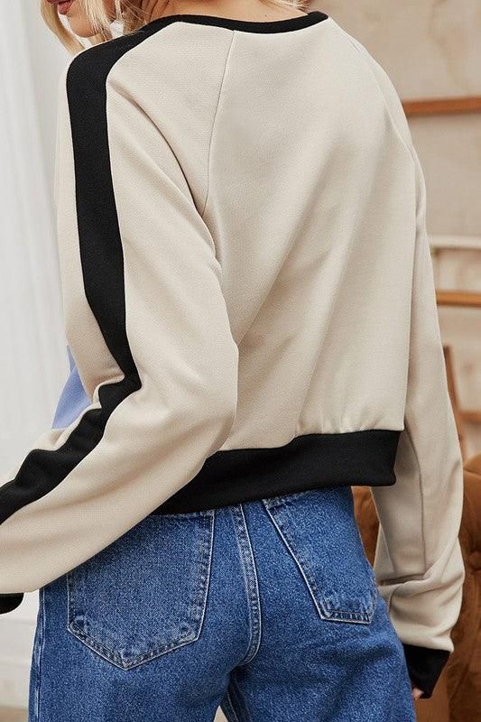 WOMEN'S COLOR BLOCK CREW NECK SHORT TOP - Doublju