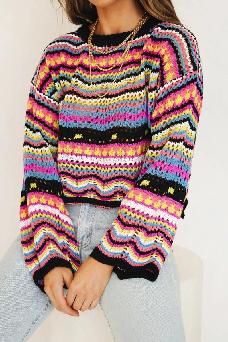 LOOSE COLOR RAINBOW ROUND NECK STRIPED SWEATER - Doublju