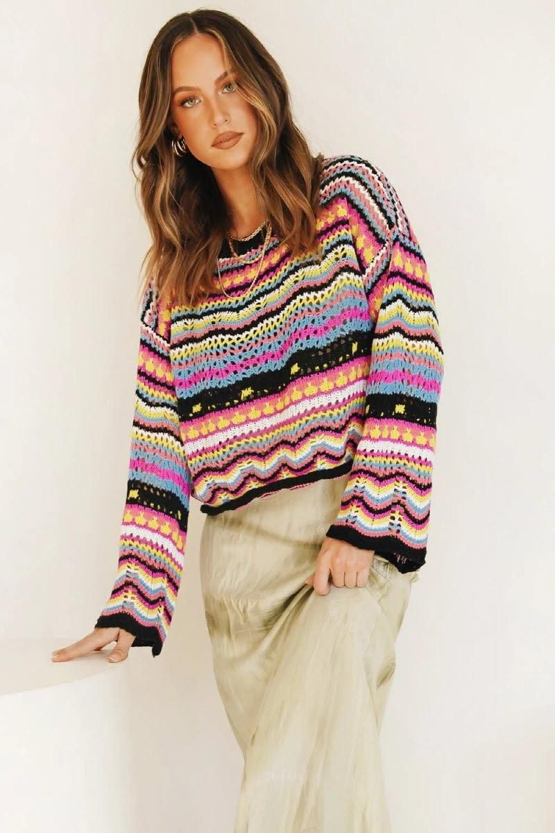 LOOSE COLOR RAINBOW ROUND NECK STRIPED SWEATER - Doublju