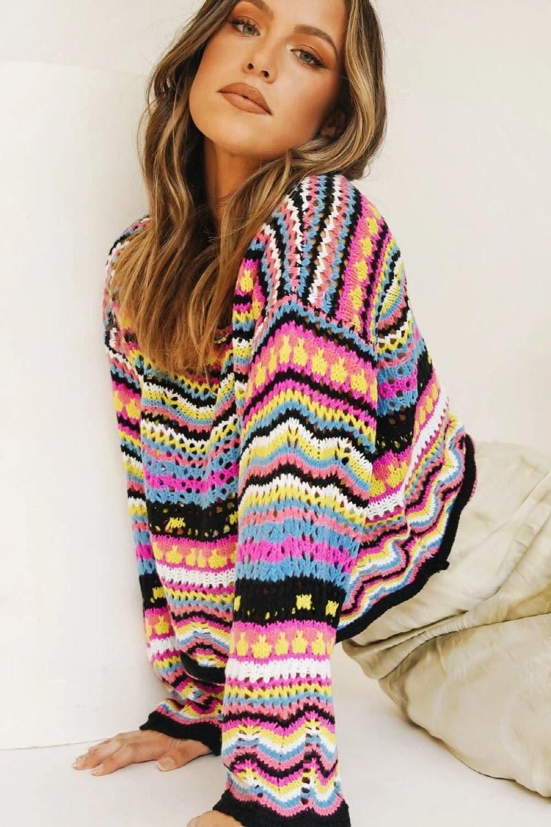 LOOSE COLOR RAINBOW ROUND NECK STRIPED SWEATER - Doublju