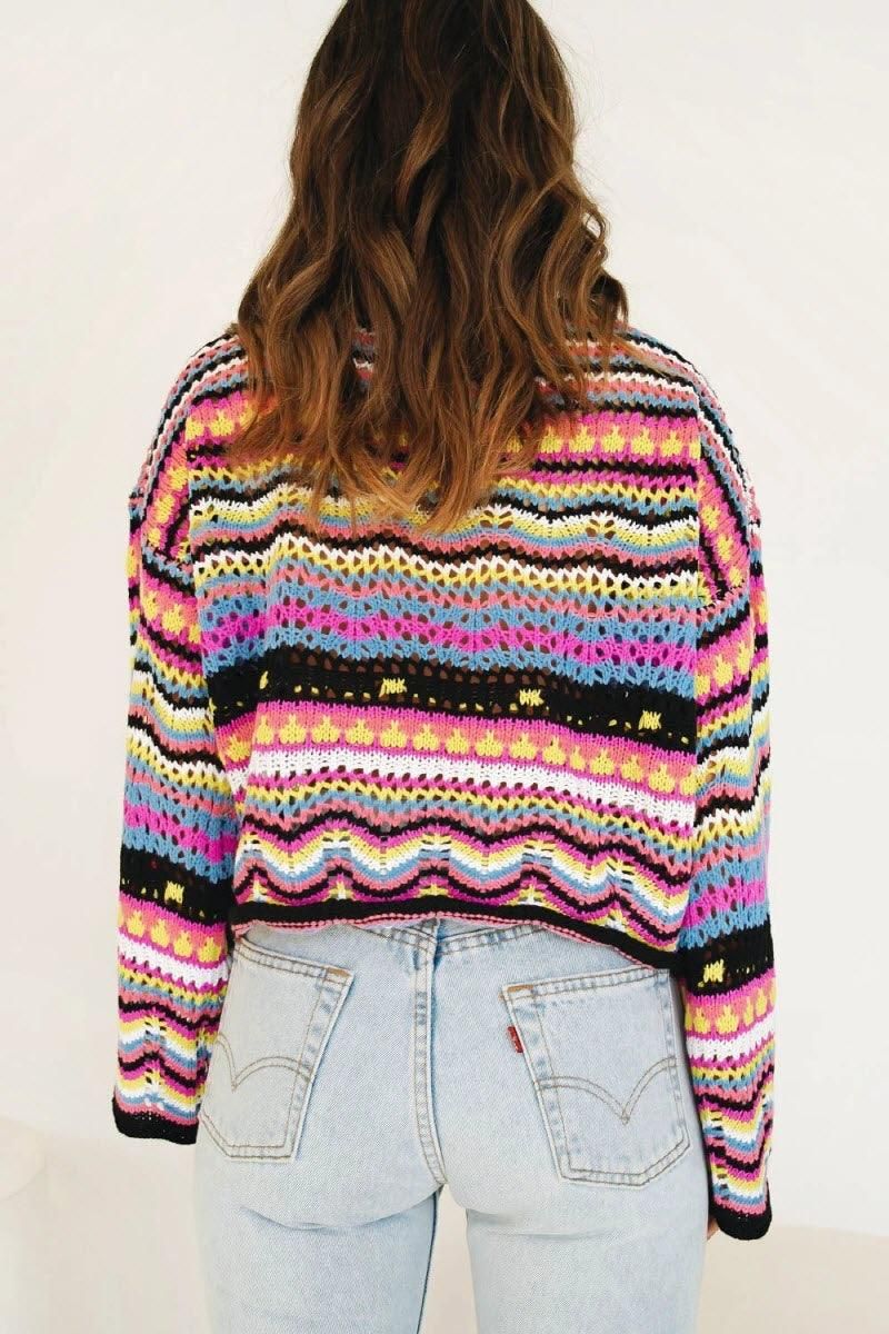 LOOSE COLOR RAINBOW ROUND NECK STRIPED SWEATER - Doublju