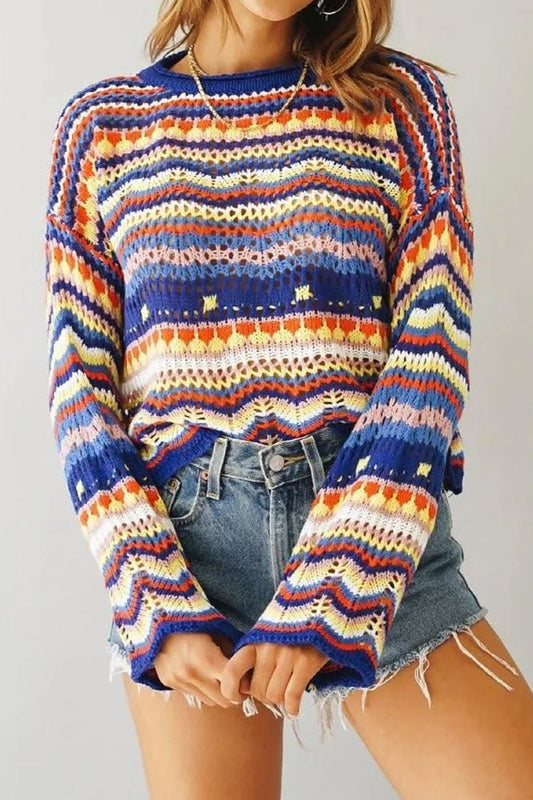 LOOSE COLOR RAINBOW ROUND NECK STRIPED SWEATER