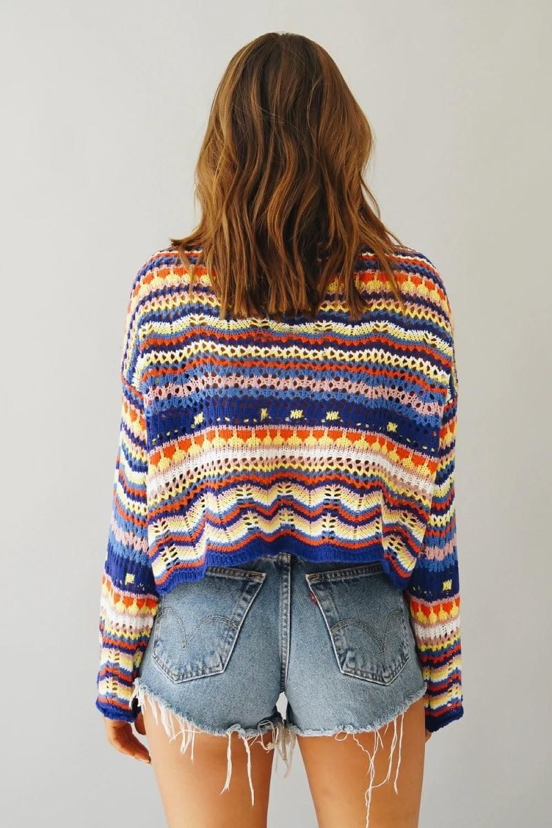 LOOSE COLOR RAINBOW ROUND NECK STRIPED SWEATER - Doublju