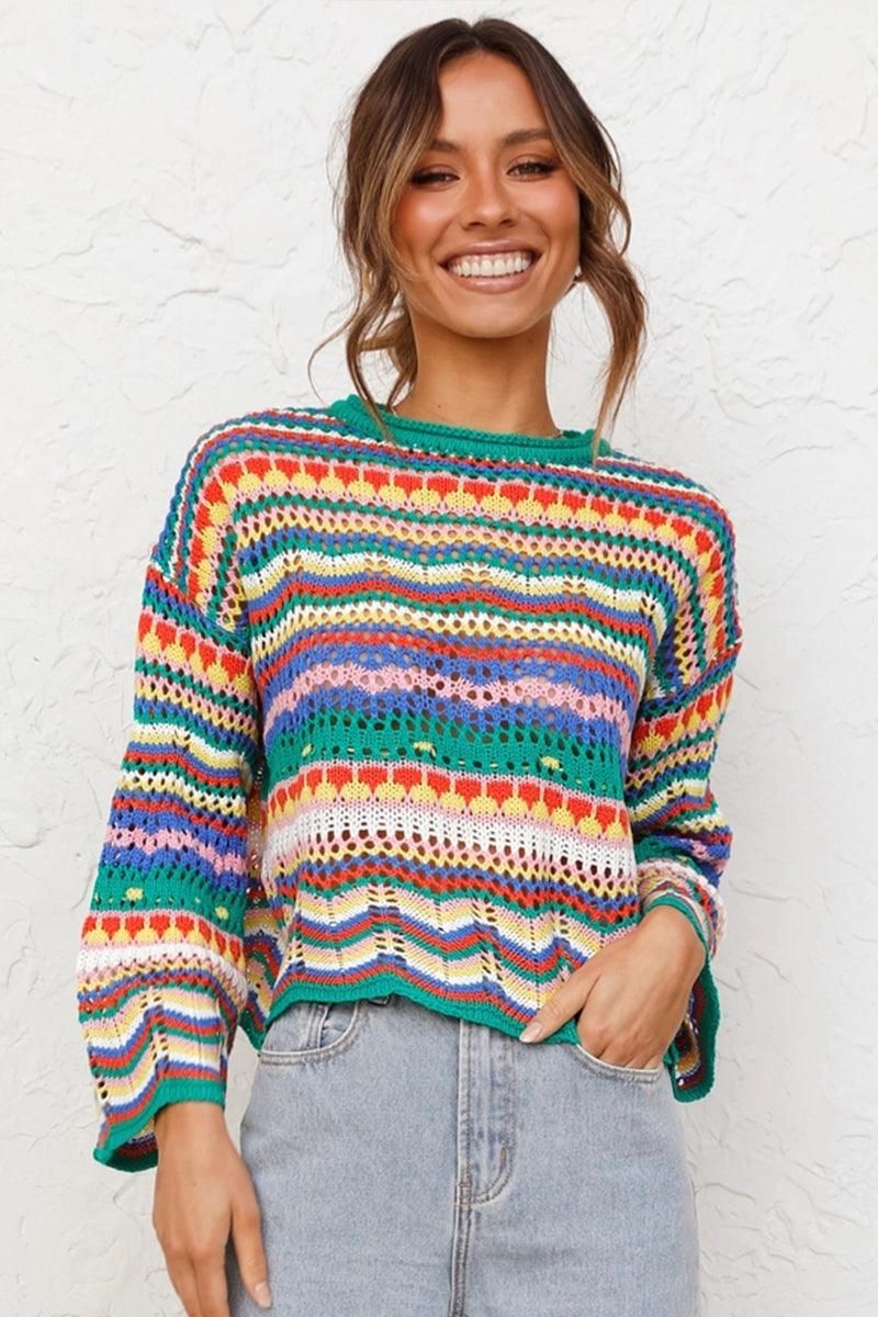 LOOSE COLOR RAINBOW ROUND NECK STRIPED SWEATER - Doublju