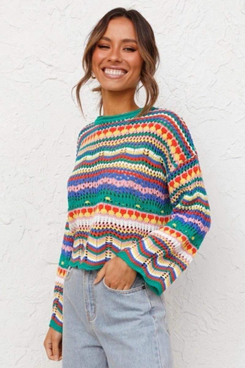 LOOSE COLOR RAINBOW ROUND NECK STRIPED SWEATER - Doublju