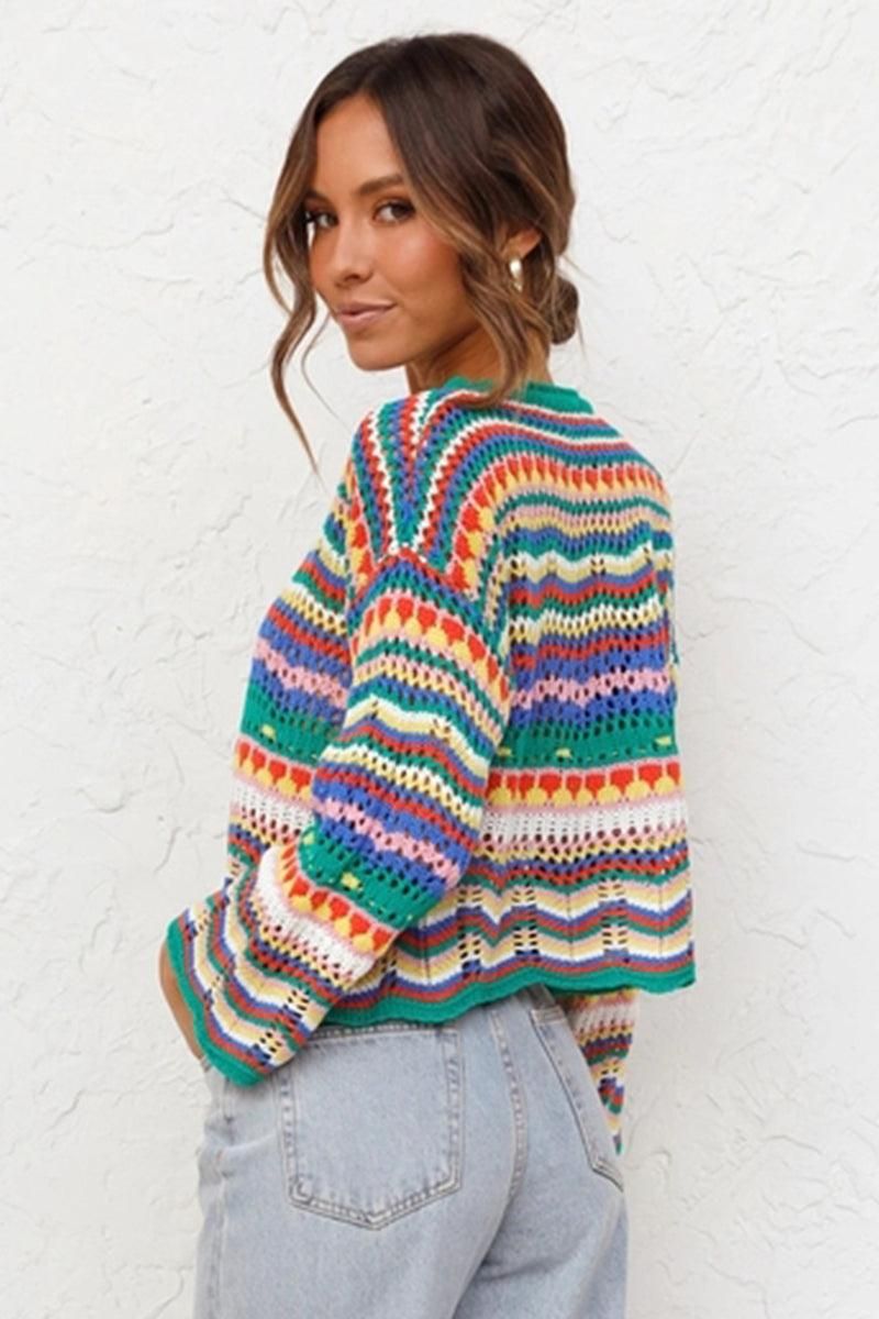 LOOSE COLOR RAINBOW ROUND NECK STRIPED SWEATER - Doublju