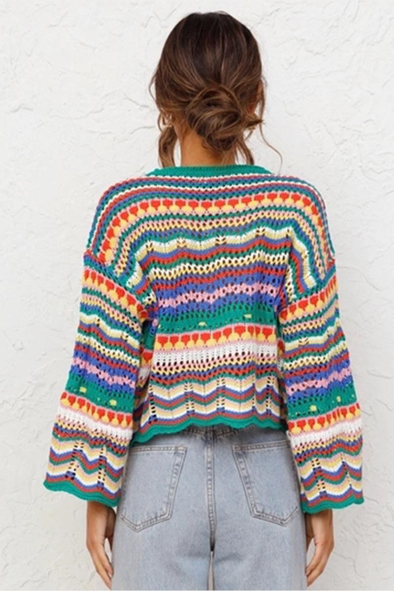 LOOSE COLOR RAINBOW ROUND NECK STRIPED SWEATER - Doublju