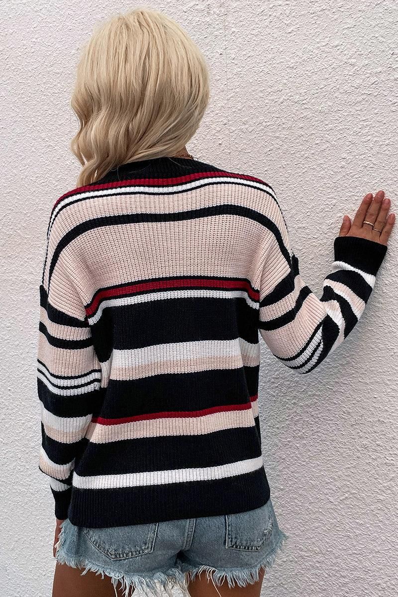 ROUND NECK STRIPED SWEATER - Doublju