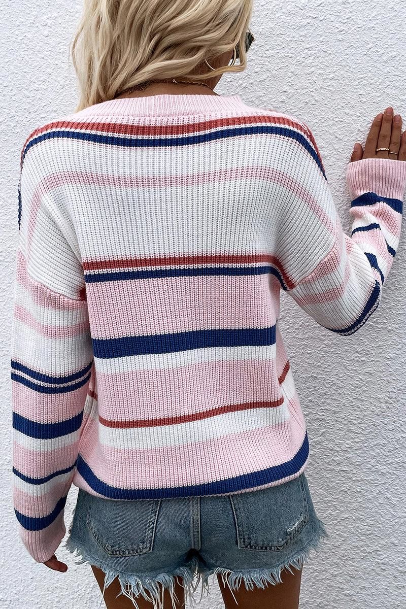 ROUND NECK STRIPED SWEATER - Doublju