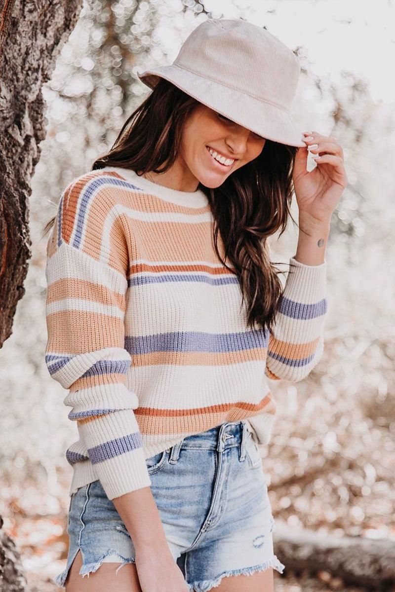ROUND NECK STRIPED SWEATER - Doublju