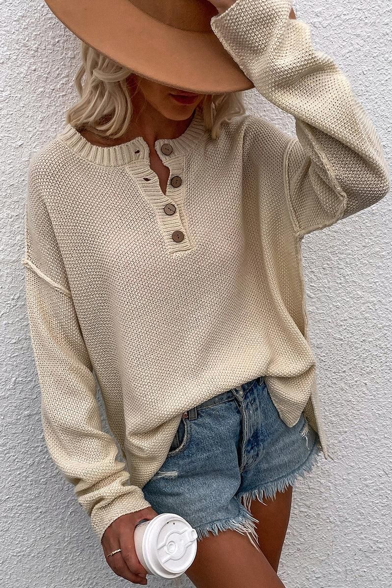 SOLID COLOR PULLOVER V NECK SWEATER - Doublju