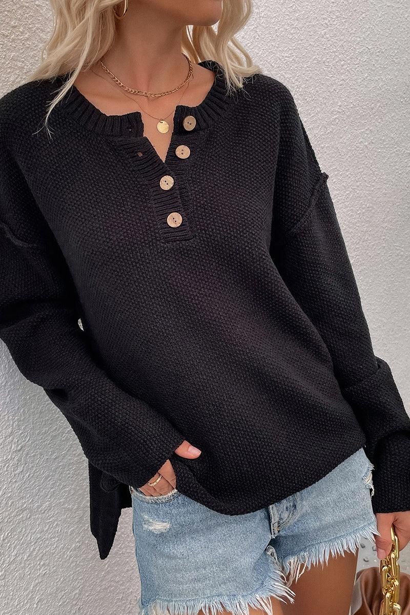 SOLID COLOR PULLOVER V NECK SWEATER - Doublju