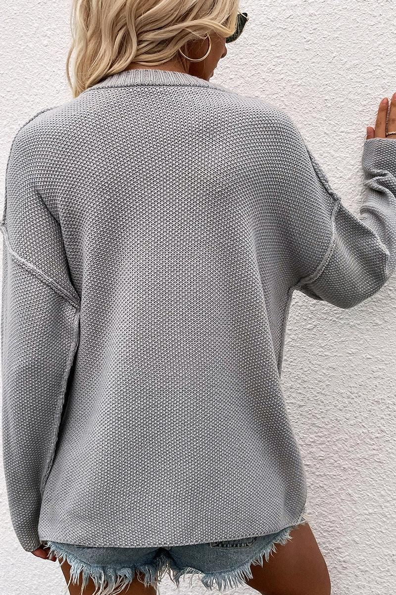 SOLID COLOR PULLOVER V NECK SWEATER - Doublju