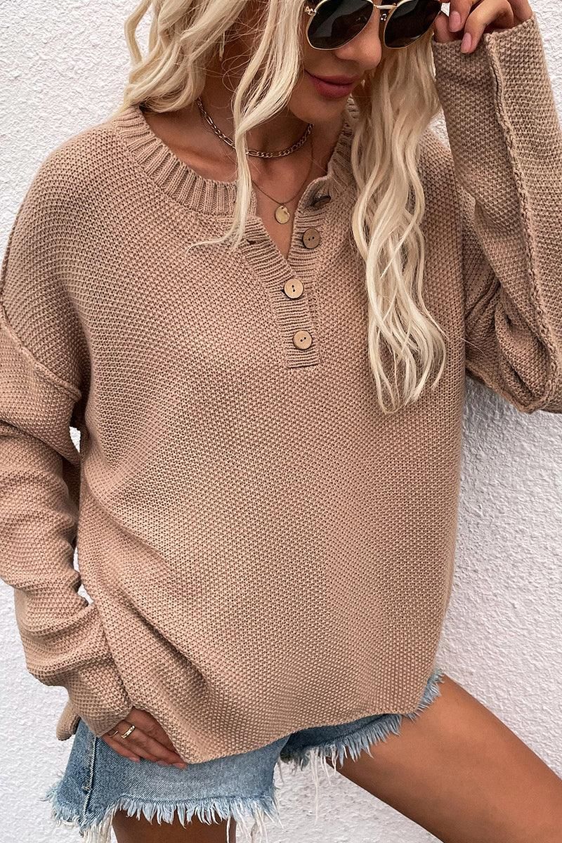 SOLID COLOR PULLOVER V NECK SWEATER - Doublju