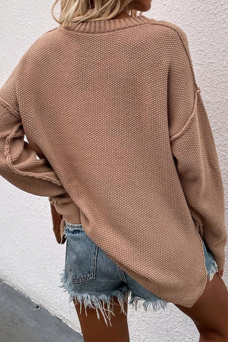 SOLID COLOR PULLOVER V NECK SWEATER - Doublju