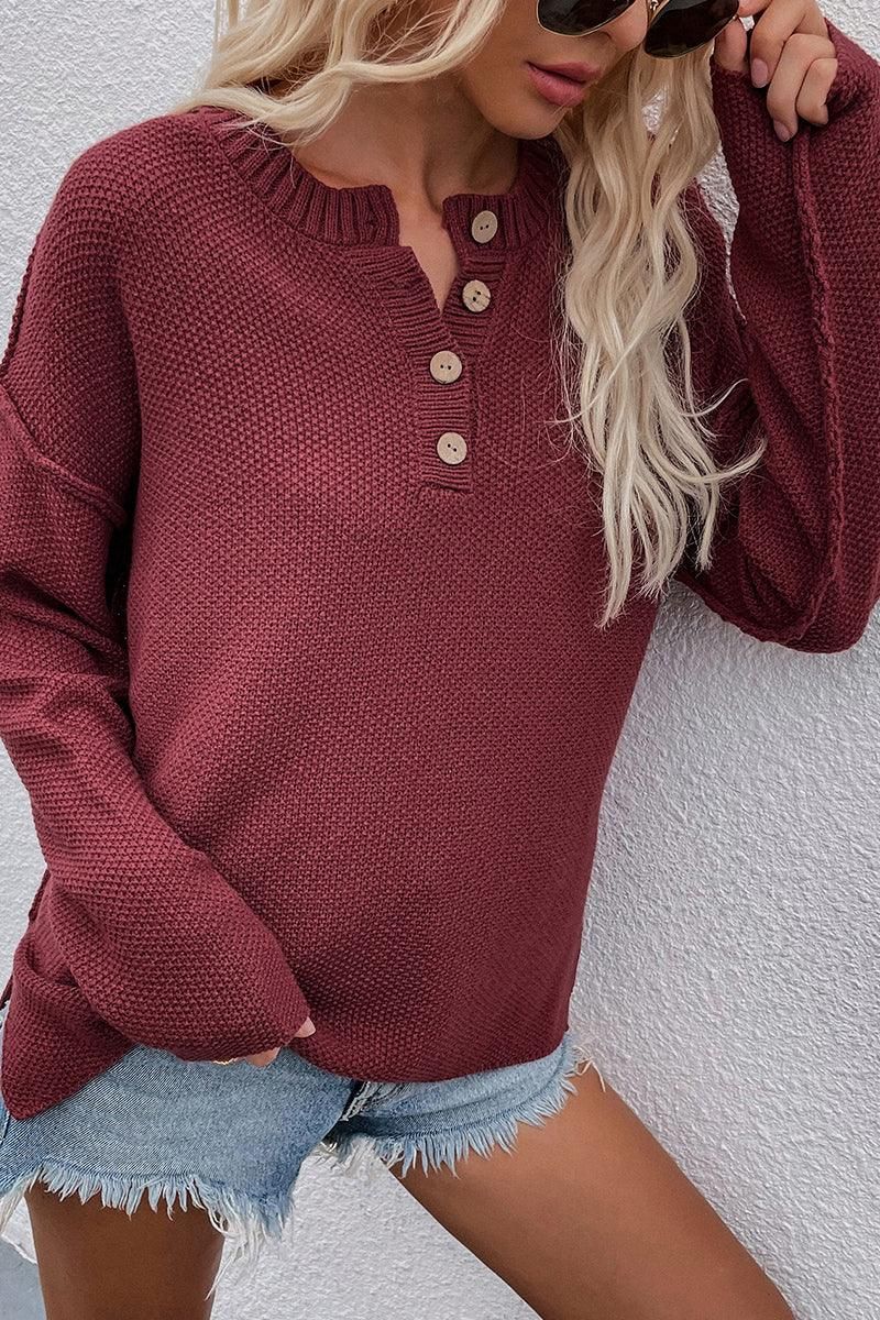 SOLID COLOR PULLOVER V NECK SWEATER - Doublju
