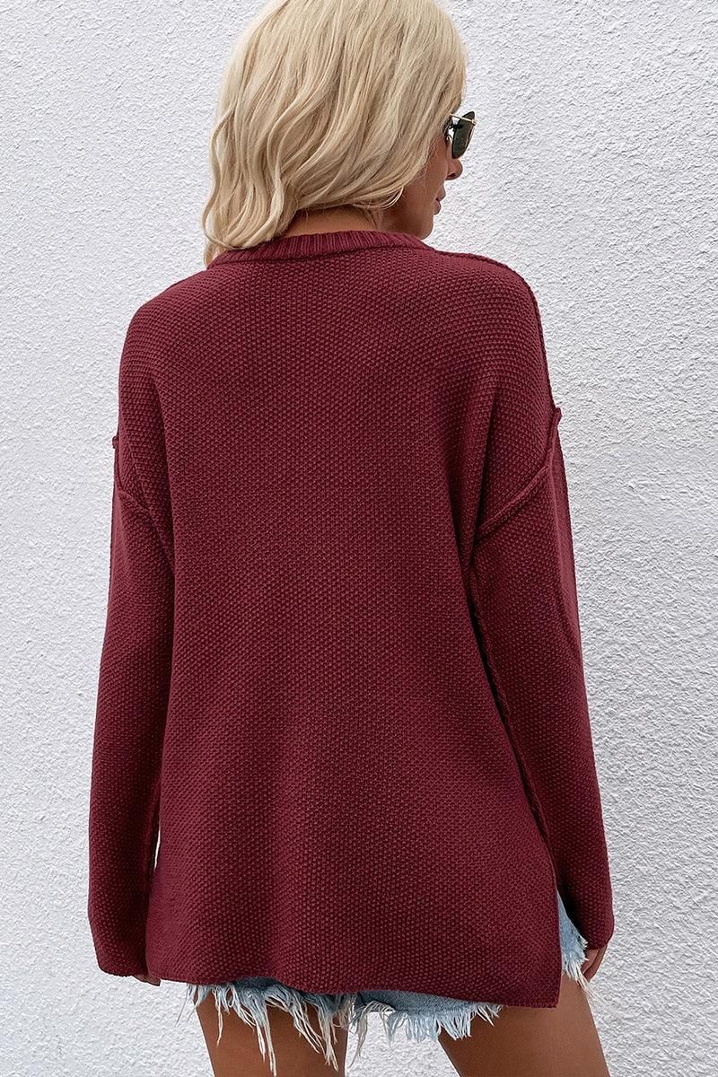 SOLID COLOR PULLOVER V NECK SWEATER - Doublju