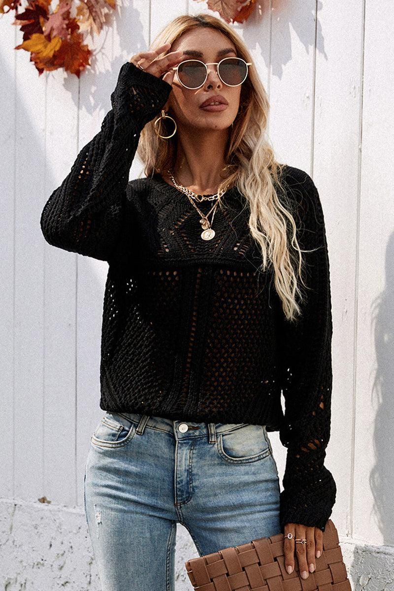 ROUND NECK HOLLOW KNIT SWEATER - Doublju