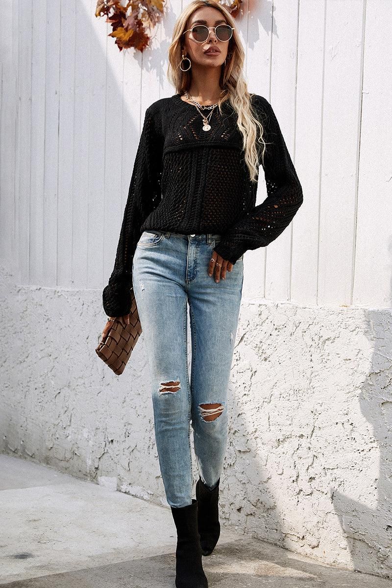 ROUND NECK HOLLOW KNIT SWEATER - Doublju