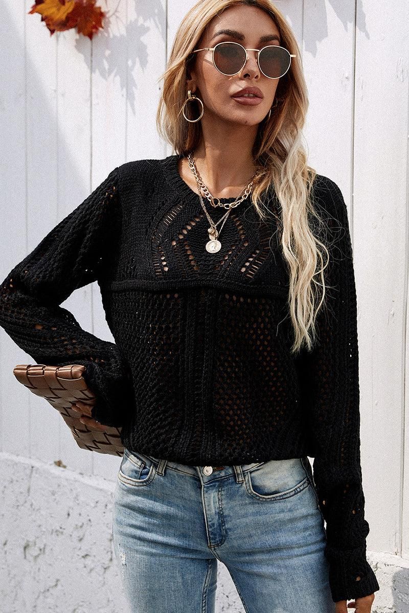 ROUND NECK HOLLOW KNIT SWEATER - Doublju