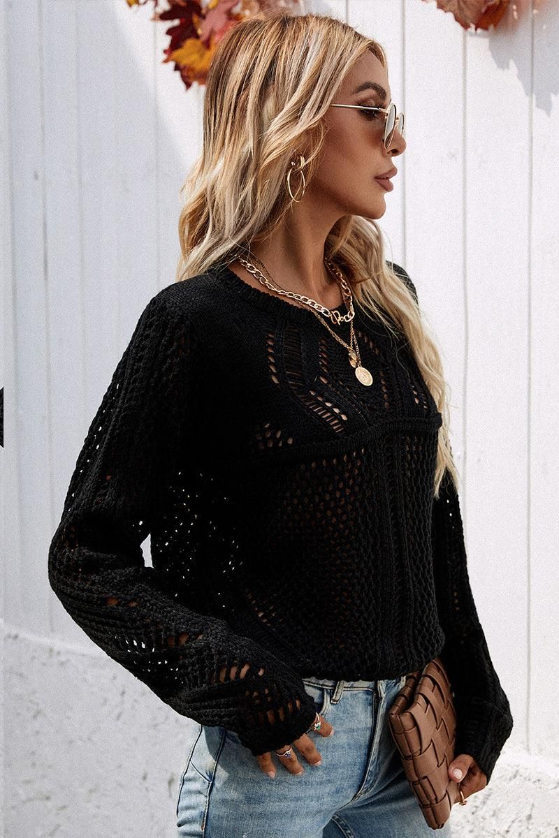 ROUND NECK HOLLOW KNIT SWEATER - Doublju