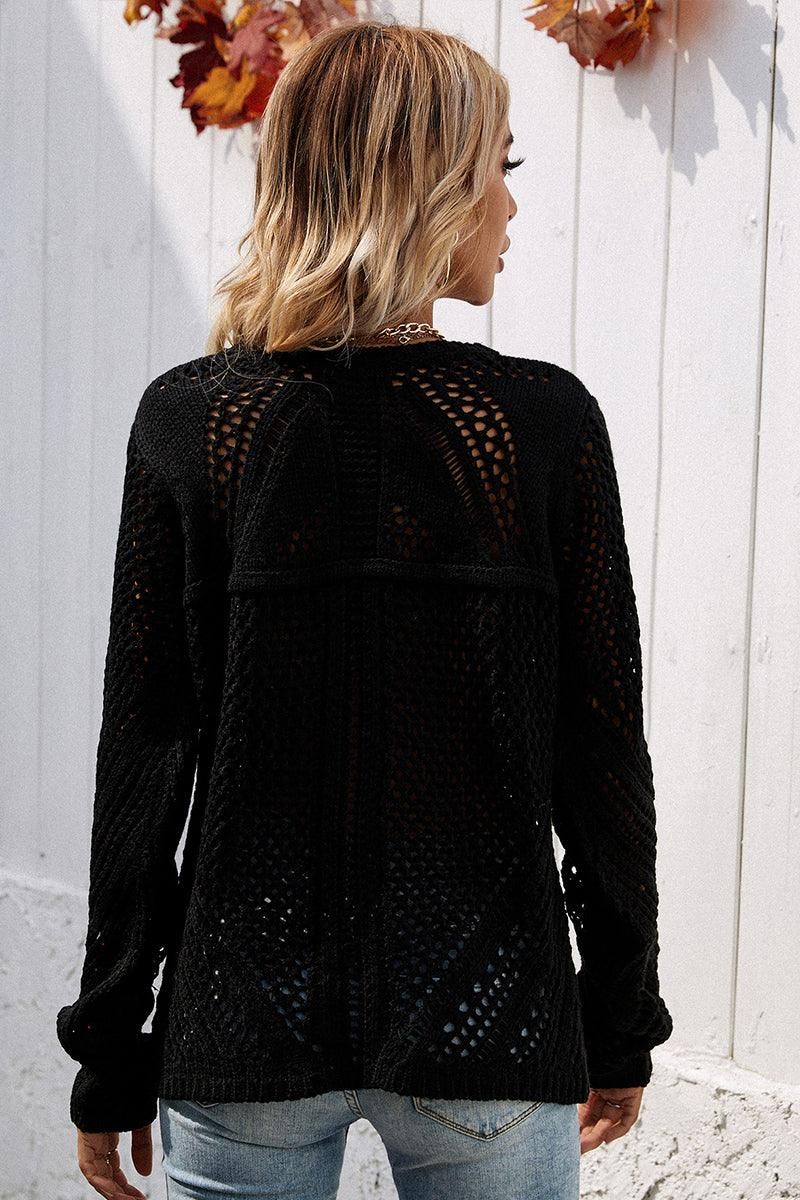 ROUND NECK HOLLOW KNIT SWEATER - Doublju