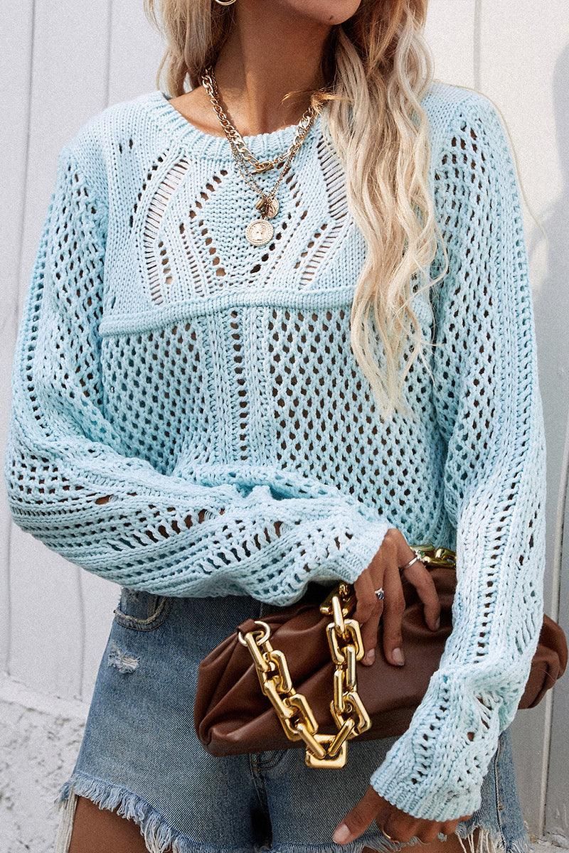 ROUND NECK HOLLOW KNIT SWEATER - Doublju