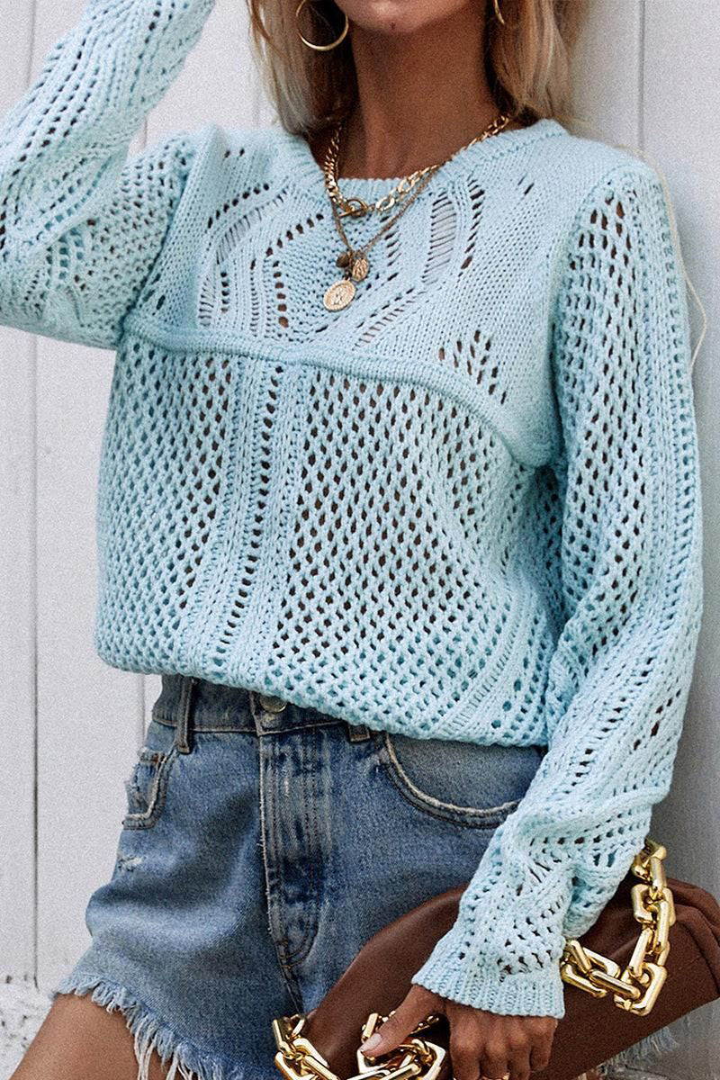 ROUND NECK HOLLOW KNIT SWEATER