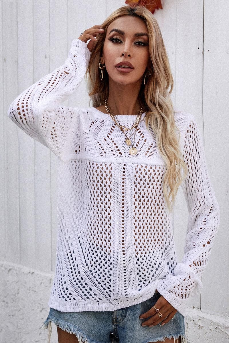 ROUND NECK HOLLOW KNIT SWEATER - Doublju