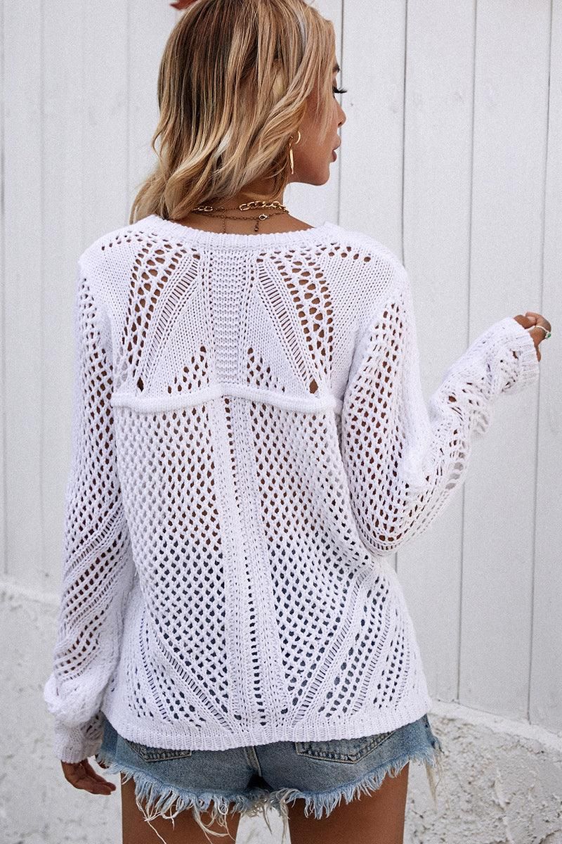 ROUND NECK HOLLOW KNIT SWEATER - Doublju