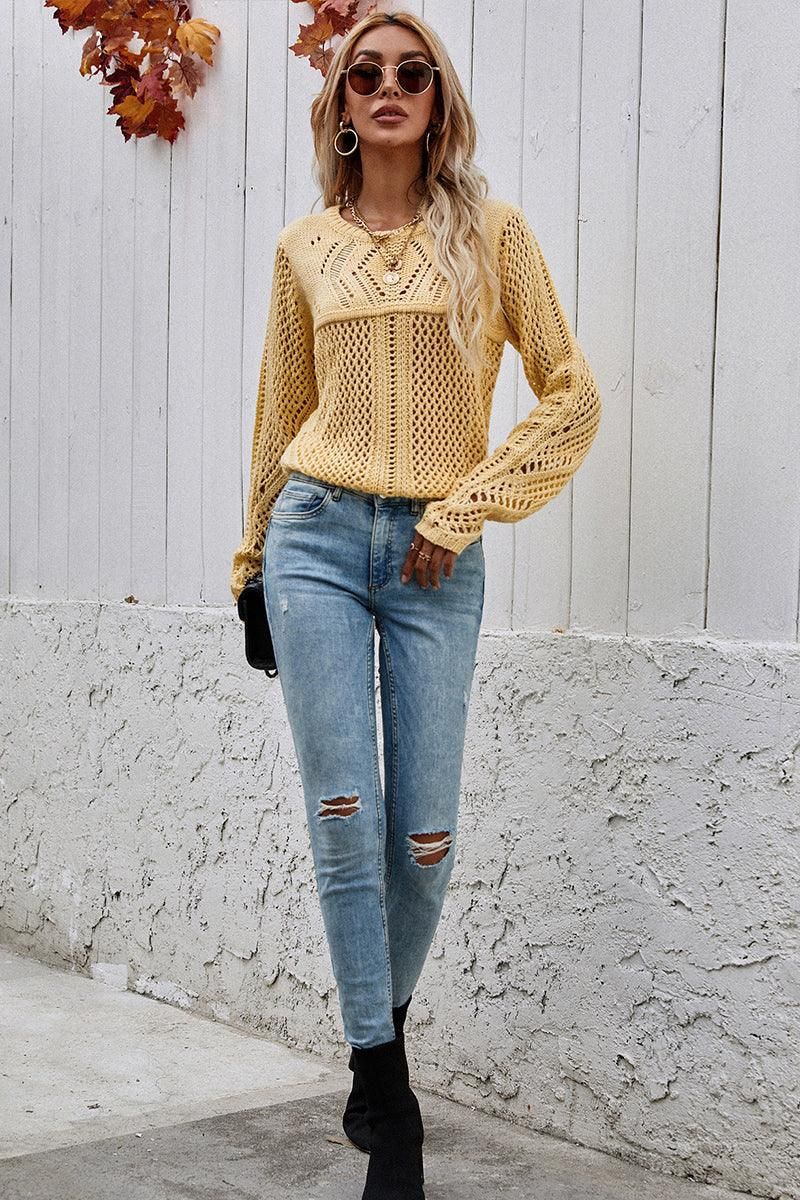 ROUND NECK HOLLOW KNIT SWEATER - Doublju