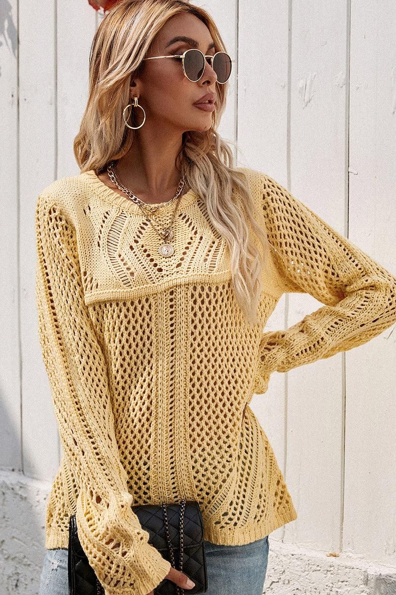 ROUND NECK HOLLOW KNIT SWEATER - Doublju