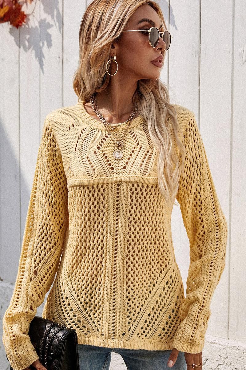 ROUND NECK HOLLOW KNIT SWEATER - Doublju