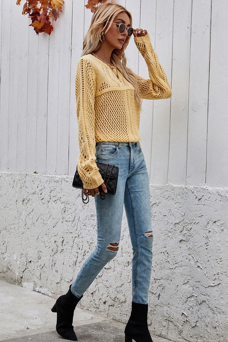 ROUND NECK HOLLOW KNIT SWEATER - Doublju