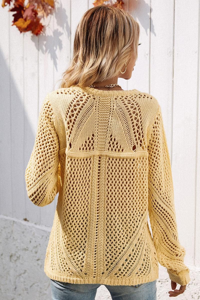 ROUND NECK HOLLOW KNIT SWEATER - Doublju