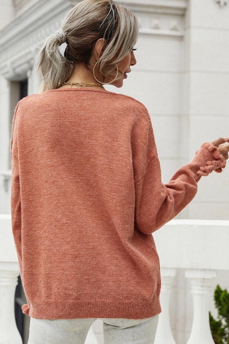BUTTON LOOSE SOLID COLOR PULLOVER SWEATER - Doublju