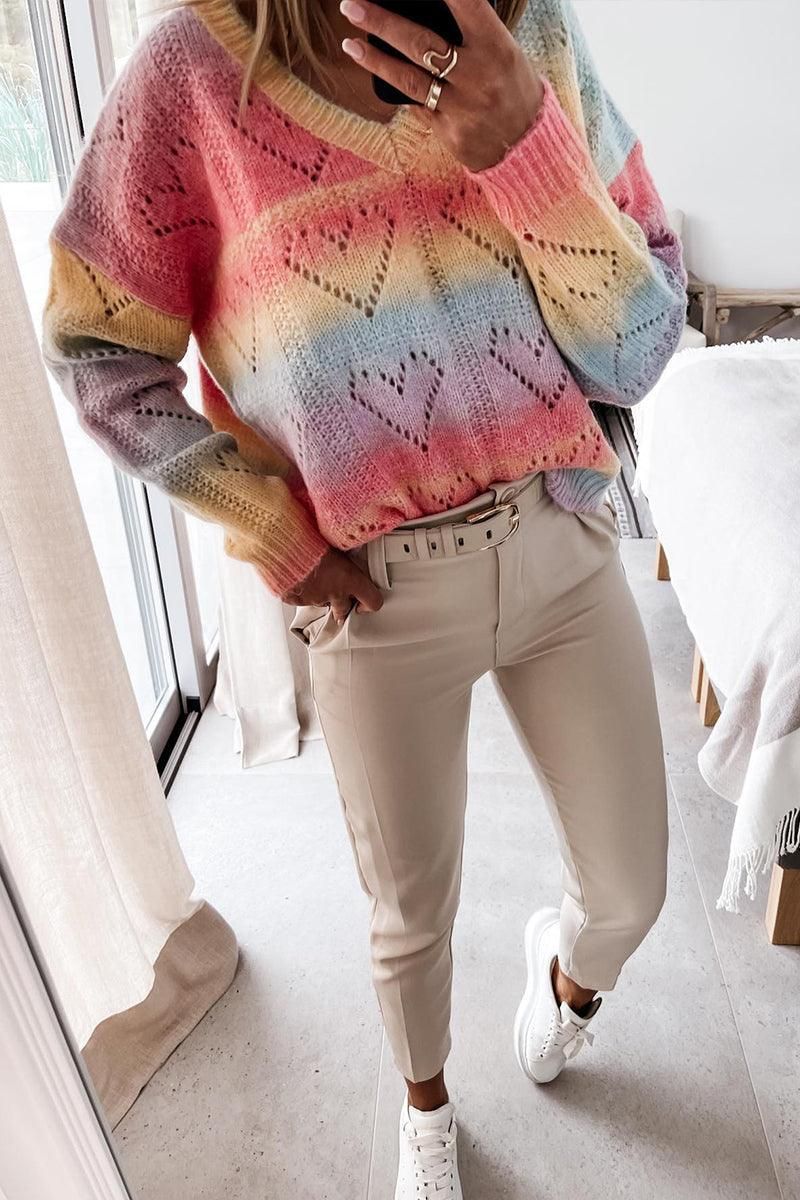 PRINTING RAINBOW V NECK PULLOVER SWEATER - Doublju
