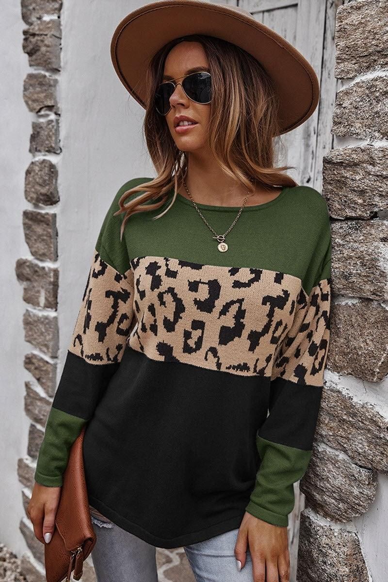 LEOPARD COLOR BLOCK TUNIC TOPS - Doublju