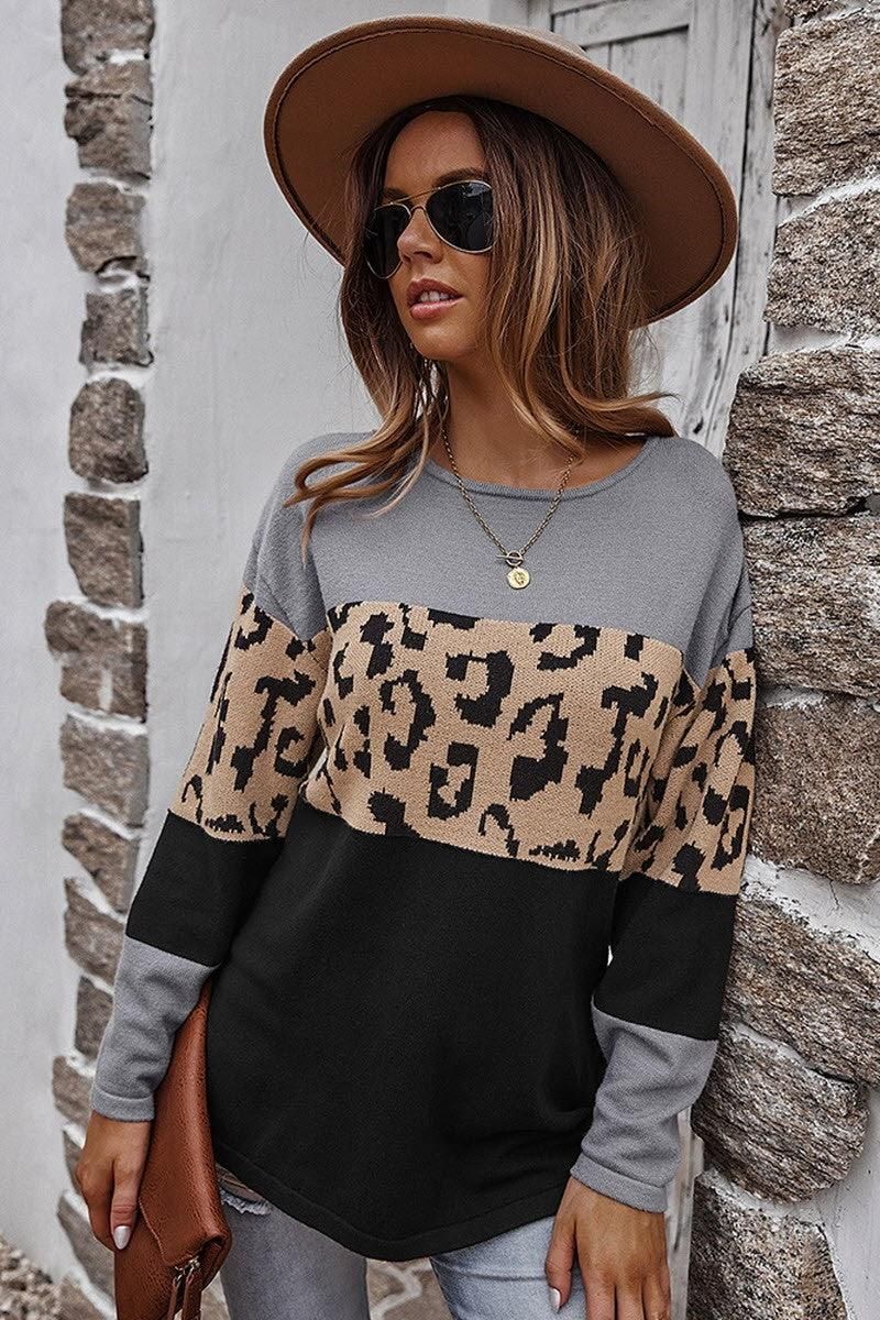 LEOPARD COLOR BLOCK TUNIC TOPS - Doublju