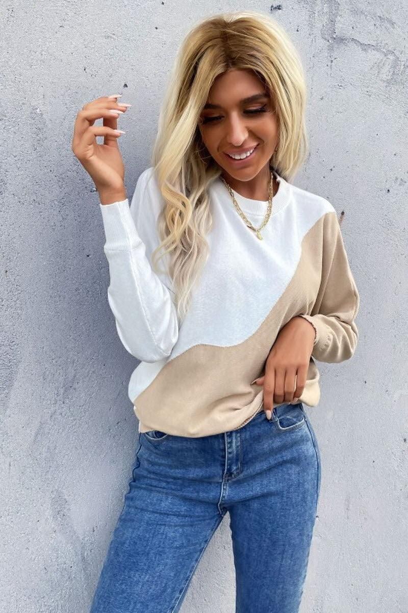 COLOR BLOCKING ROUND NECK KNIT TOP - Doublju