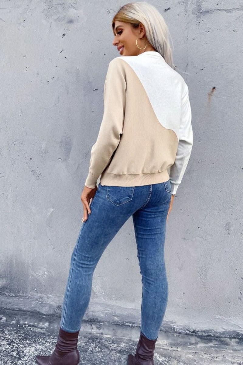 COLOR BLOCKING ROUND NECK KNIT TOP - Doublju