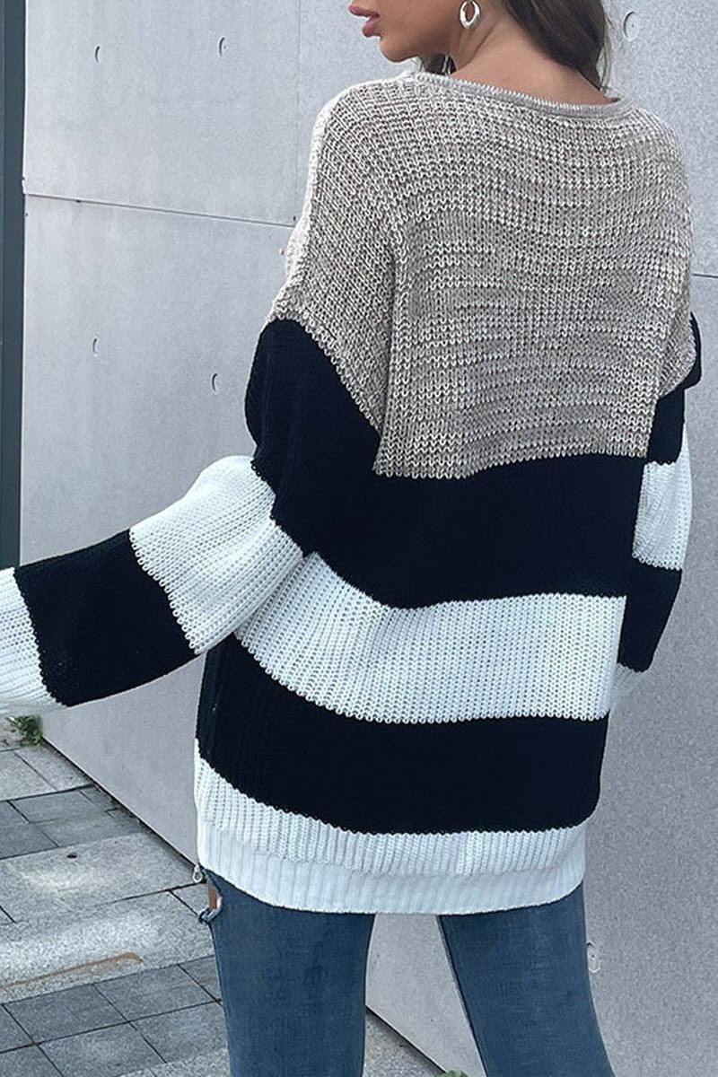 STRIPED ROUND NECK KNITTED SWEATER - Doublju