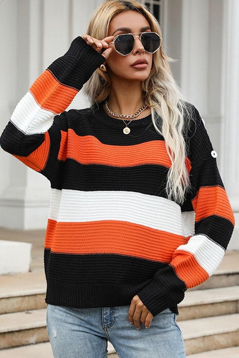 LONG SLEEVED LOOSE STRIPED SWEATER TOP - Doublju