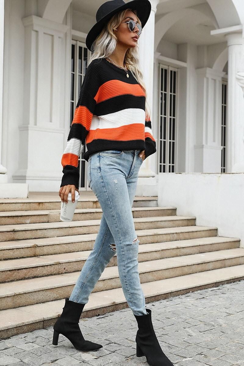 LONG SLEEVED LOOSE STRIPED SWEATER TOP - Doublju