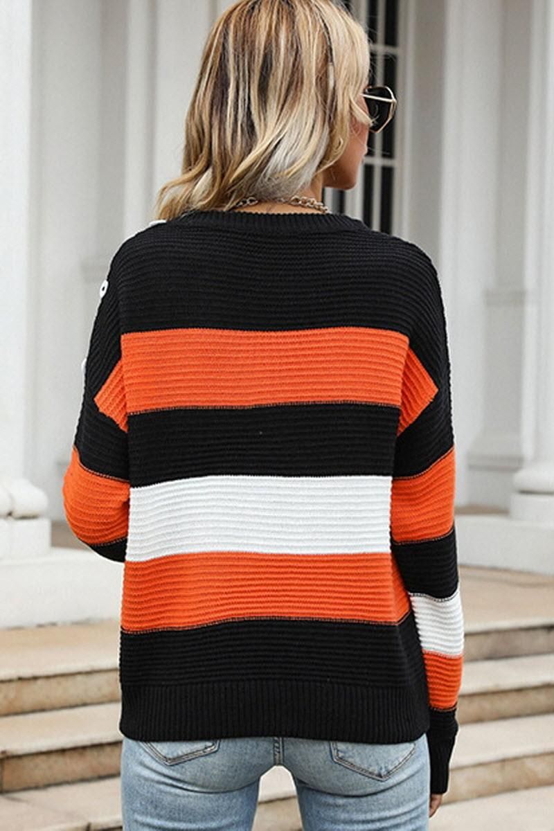 LONG SLEEVED LOOSE STRIPED SWEATER TOP - Doublju