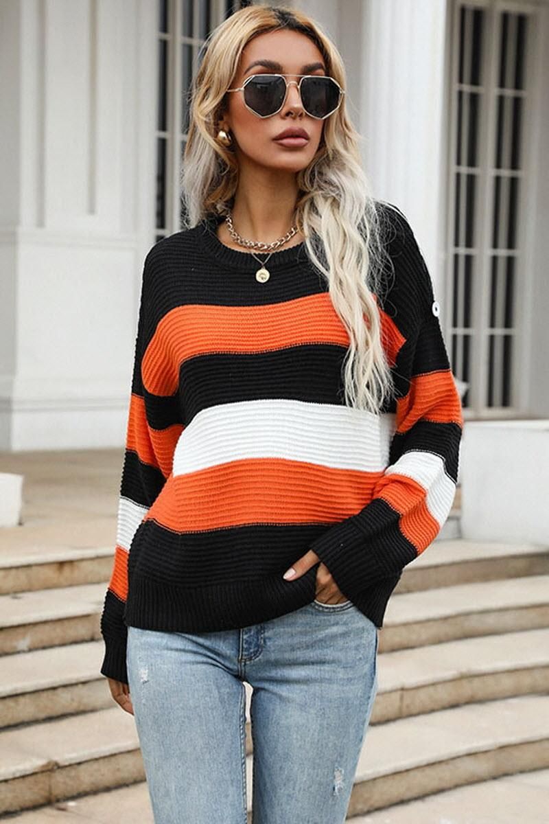 LONG SLEEVED LOOSE STRIPED SWEATER TOP - Doublju