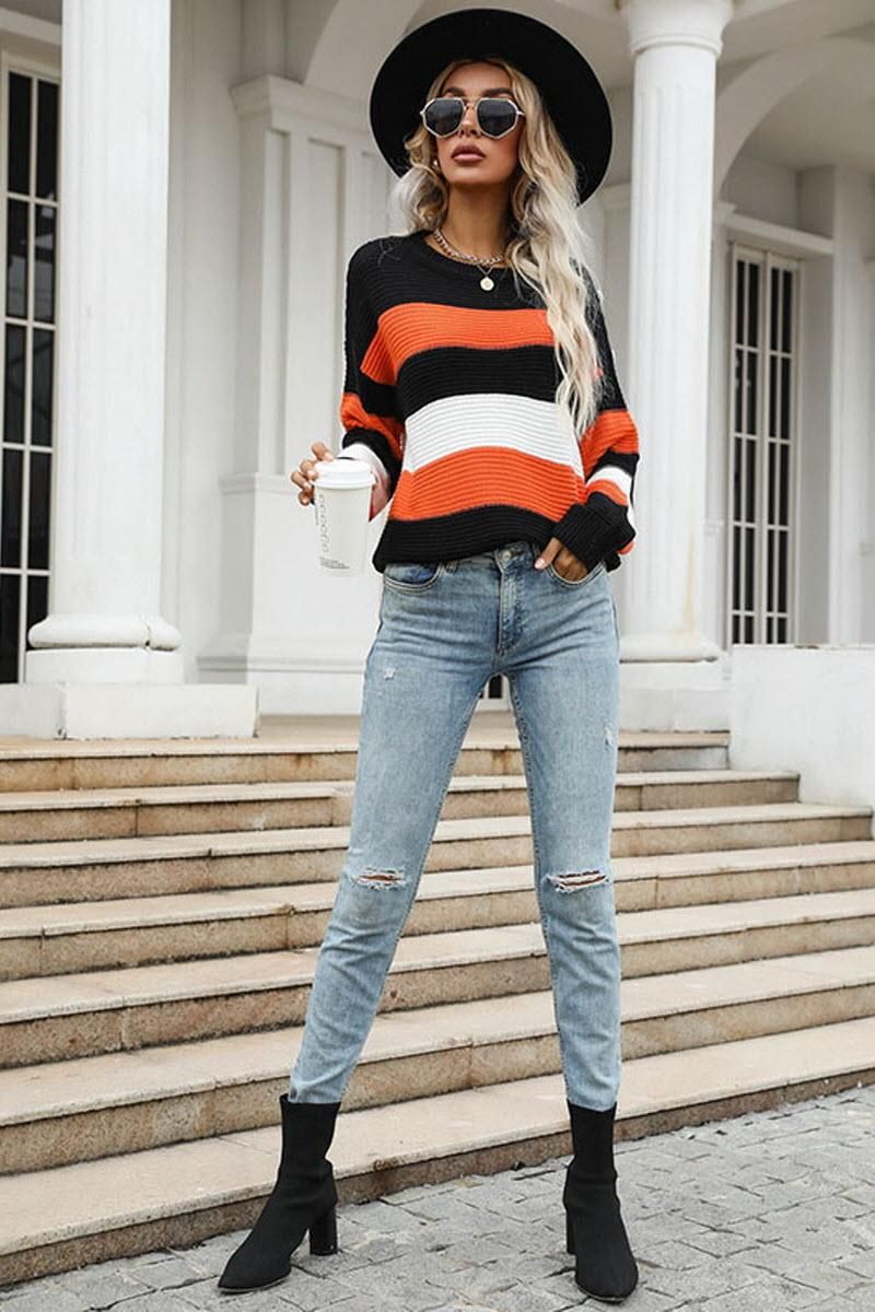 LONG SLEEVED LOOSE STRIPED SWEATER TOP - Doublju