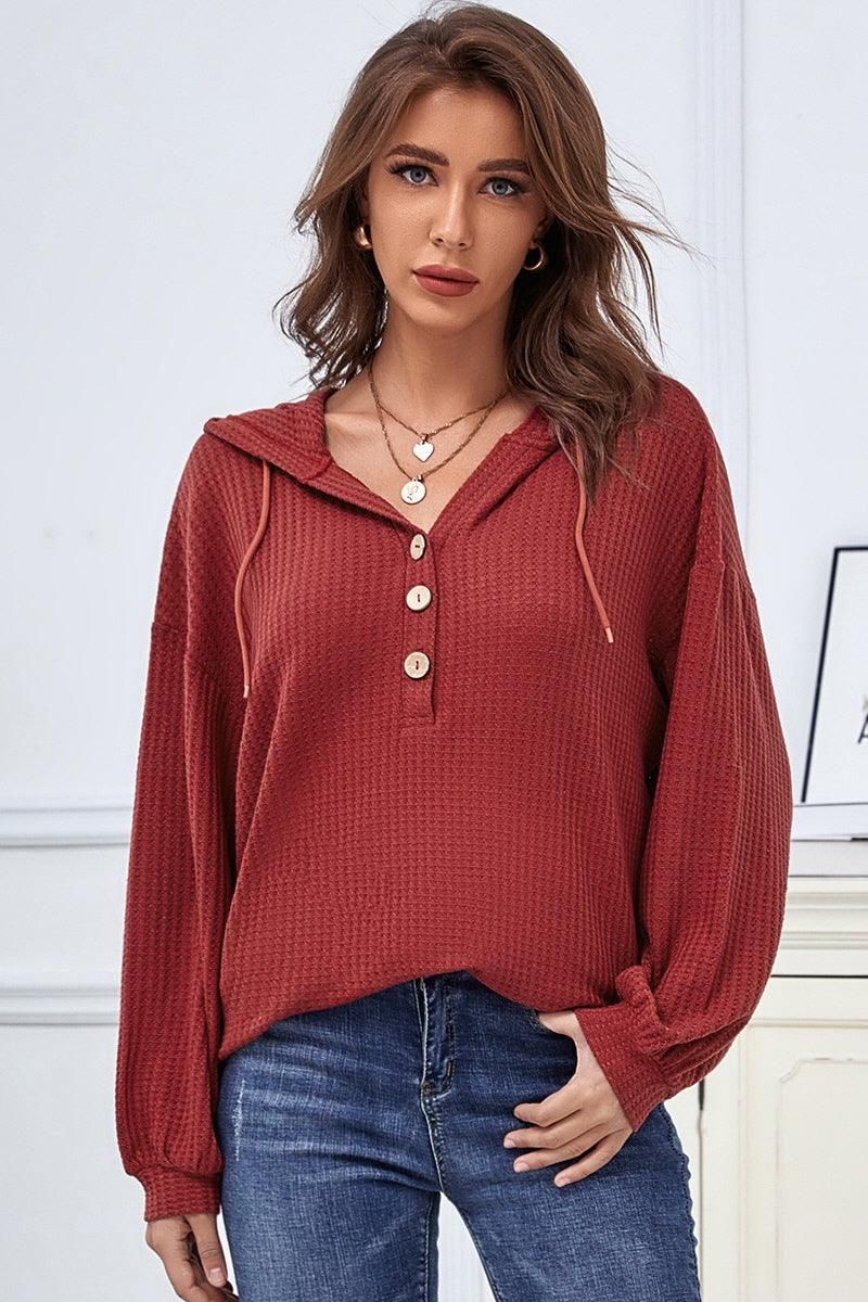 CASUAL SOLID COLOR BUTTON LOOSE HOODIE SWEATER - Doublju