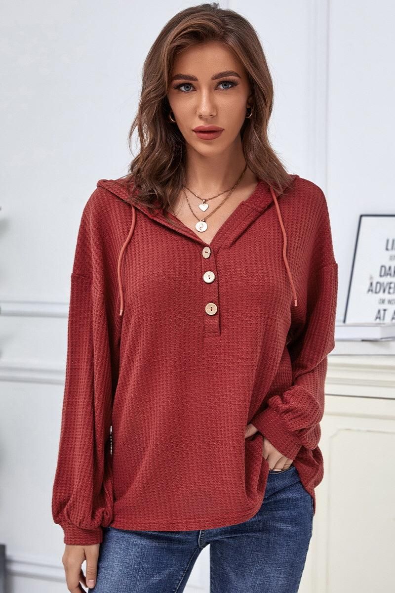 CASUAL SOLID COLOR BUTTON LOOSE HOODIE SWEATER - Doublju
