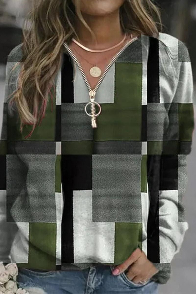 LONG SLEEVE MULTI COLOR BLOCK ZIPPER NECK TOP - Doublju